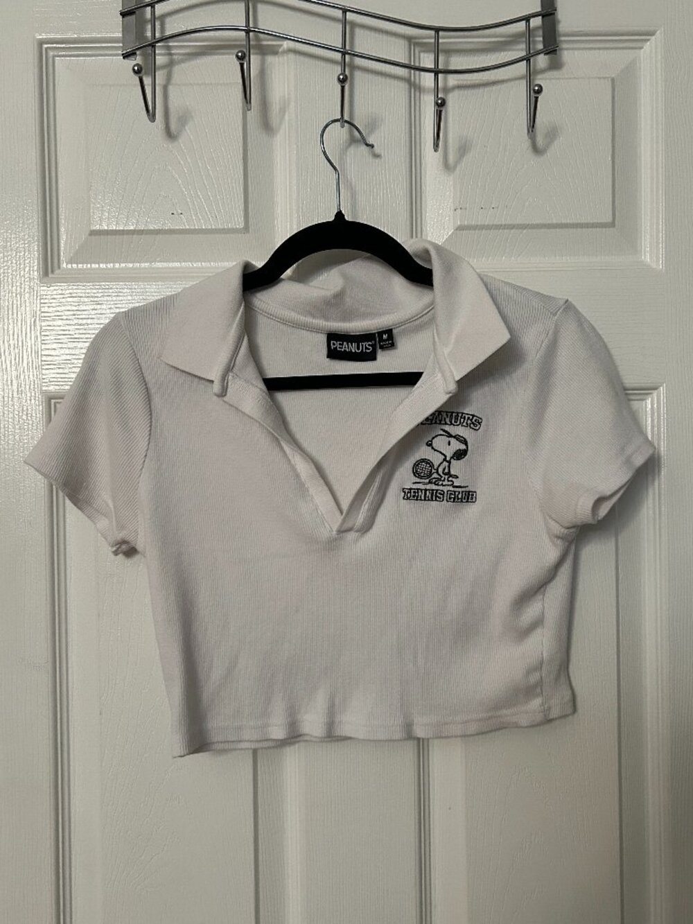 Peanuts White Polo Crop Top Women's Medium Tennis Club Snoopy Graphic